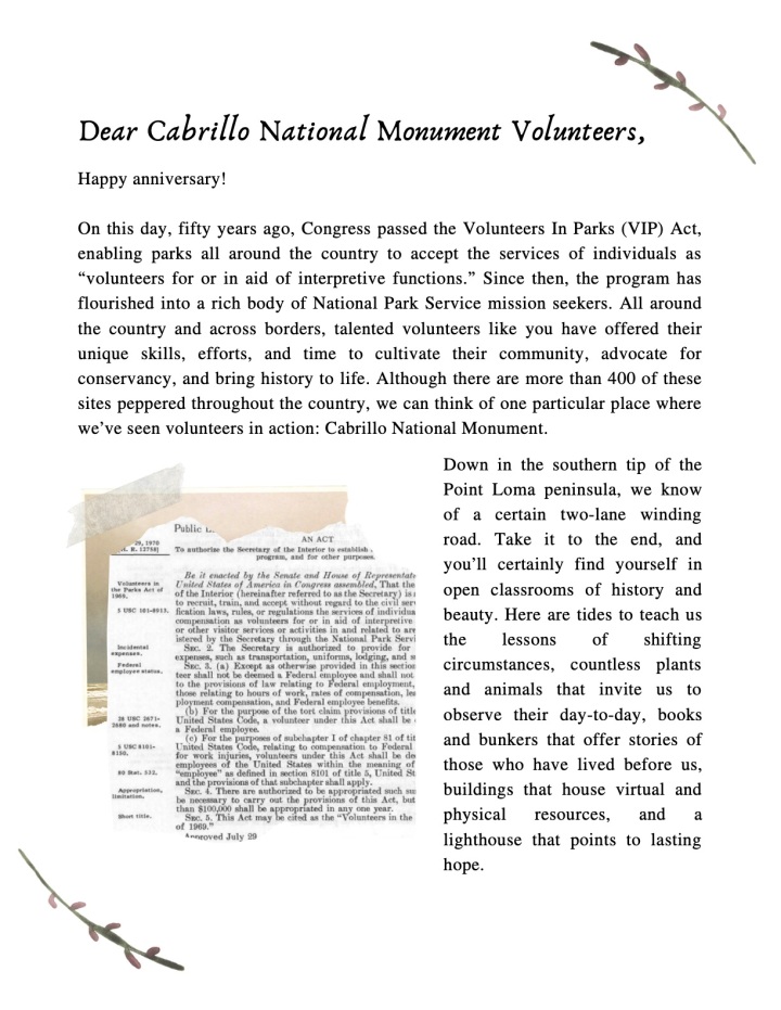 A letter addressed to Cabrillo National Monument volunteers for the 50th anniversary of the Volunteers In Parks (VIP) Program. Alongside the text, the letter includes decorations such as newspaper clippings, watercolor leaf elements, scrapbook tape, and a photo of a man in a blue VIP shirt leading at the tidepools.