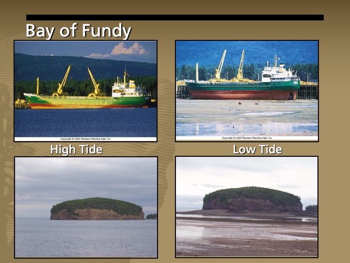 A comparison of a large ship sitting in water at high tide and then on the ocean bottom at low tide. Also a comparison of an island with steep cliffs sitting in the water at high tide and then at low tide with the water removed.