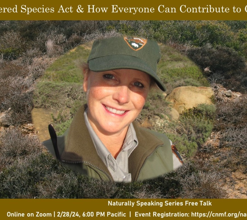 Flyer with two headshots of a scientist out in the field; in one image she is wearing a black polo that says "U.S. Fish & Wildlife Service", in the other she is wearing the green-and-gray uniform of a National Park Service ranger. In both photographs she smiles at the camera.